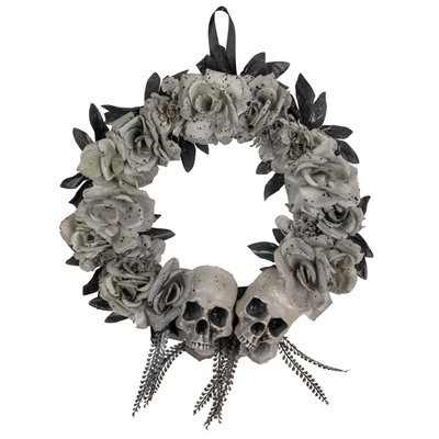 Double Skull and Gray Roses Halloween Wreath, 16-Inch, Unlit