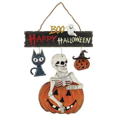 14.5" Skeleton with Jack-O-Lanterns and Black Cat "Happy Halloween" Wall Sign