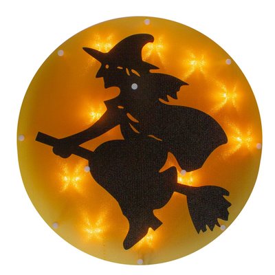 Lighted Witch on Broomstick Halloween Window Silhouette - 13.75" - Orange