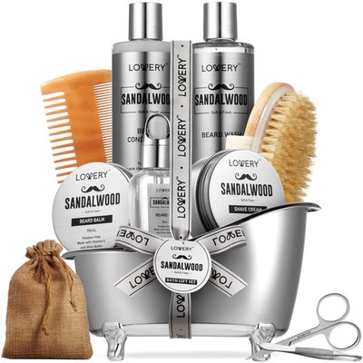 Luxury Silver Mens Bath And Body Gift Set, Sandalwood Selfcare Beard Grooming Kit