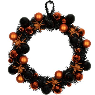 Spiders and Ornaments Halloween Wreath - 18" - Orange and Black - Unlit
