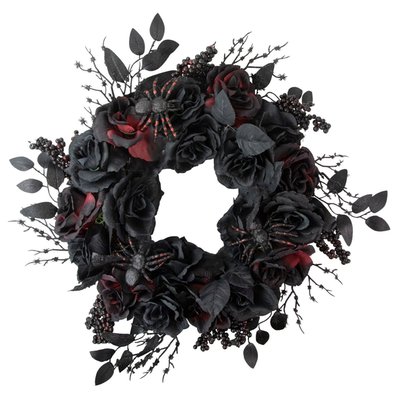 Roses and Foliage Halloween Spider Wreath - 24" - Burgundy and Black - Unlit