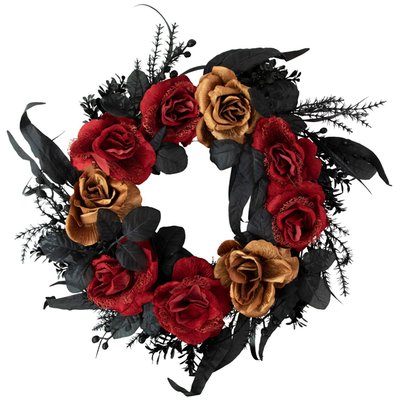 Roses with Mixed Foliage Halloween Wreath - 22" - Red and Gold - Unlit
