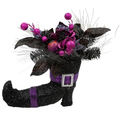 Witch's Boot with Glittered Foliage Halloween Decoration - 12" - Black and Purple