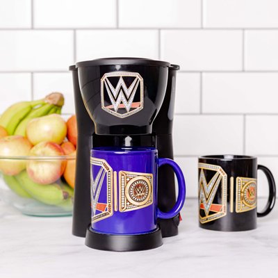 WWE Caffeinate Like A Champion Single Cup Coffee Maker Gift Set with 2 Mugs