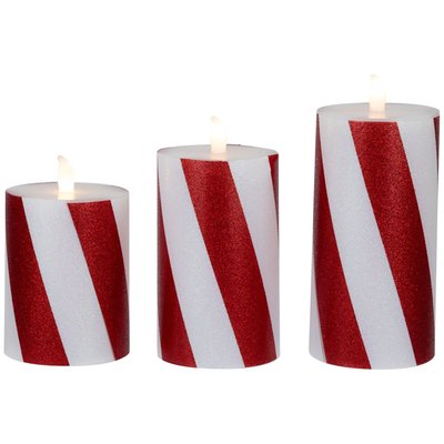 6" Candy Cane Stripes Flameless Flickering LED Christmas Wax Pillar Candles, Set of 3