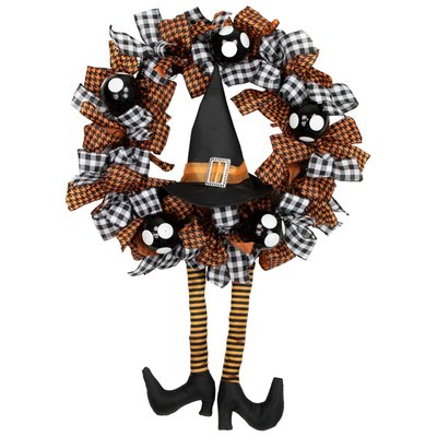 Witch with Bows and Ornaments Halloween Wreath - 24" - Orange and Black - Unlit