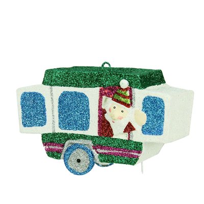 4.25" Santa Waving from a Glitter Drenched Vacation Camper Decorative Christmas Ornament