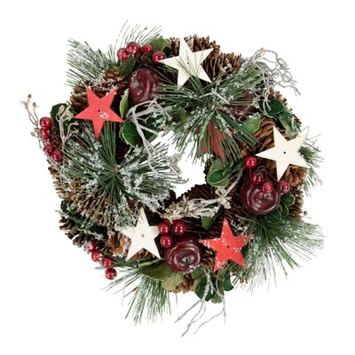 Apples, Stars and Pine Cones Frosted Artificial Christmas Wreath, 10-Inch, Unlit