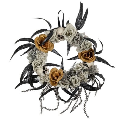 Skulls with Roses Halloween Foliage Wreath - 14" - Orange, Gray and Black - Unlit
