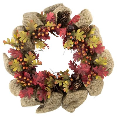 Rustic Burlap Fall Harvest Wreath with Acorns and Berries, 18-Inch