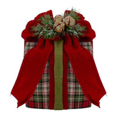 9" Red and Green Plaid Christmas Present Decoration with Bow