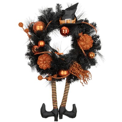 Witch and Pumpkins Halloween Wreath - 24" - Orange and Black - Unlit