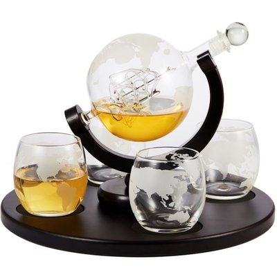 Berkware Globe Whiskey Decanter And 4 Cups Set With Wood Base